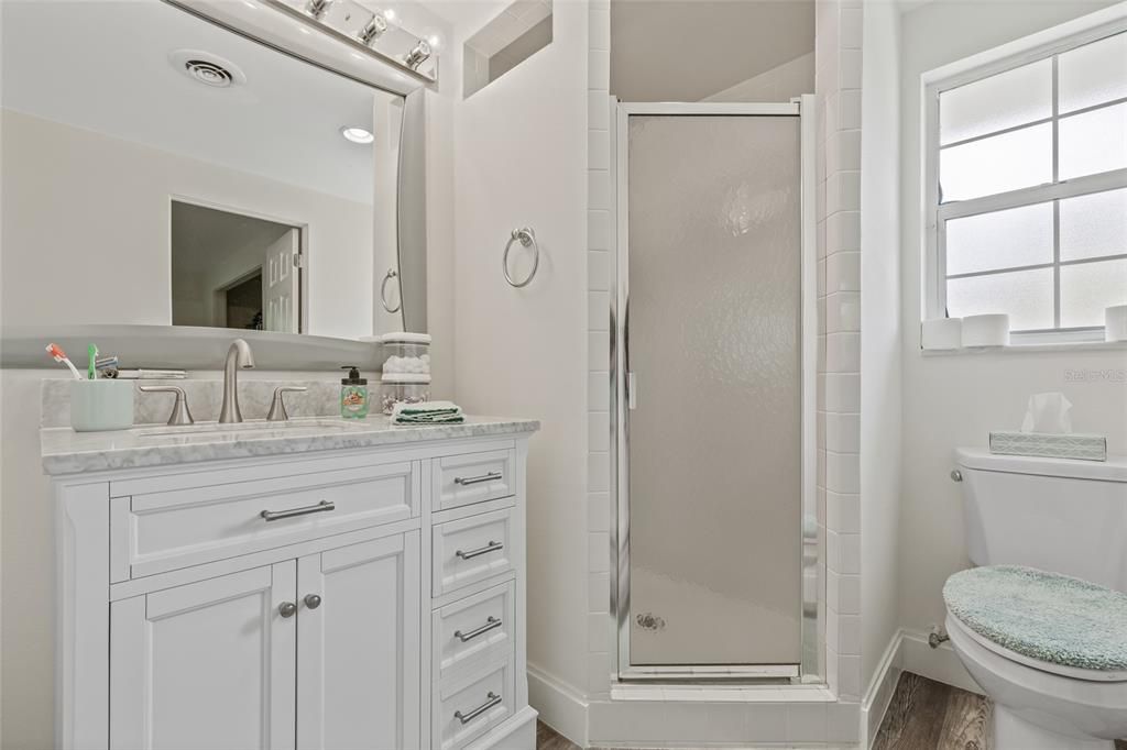 Bathroom, Glass Shower, Interior, Wood Texture Flooring