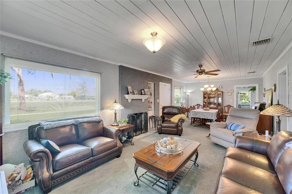 Dining room, Fireplace, Interior, Living room, Stone Walls