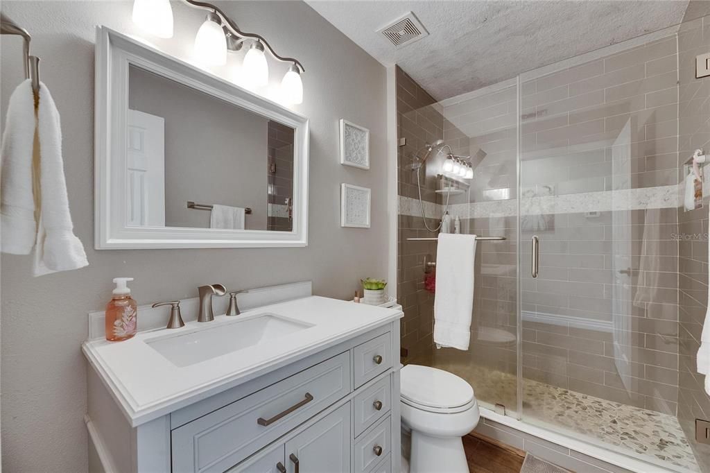 Bathroom, Glass Shower, Interior, Wood Texture Flooring