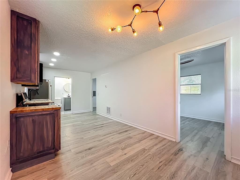 Empty room, Interior, Kitchen, Recessed Lighting, Wood Texture Flooring