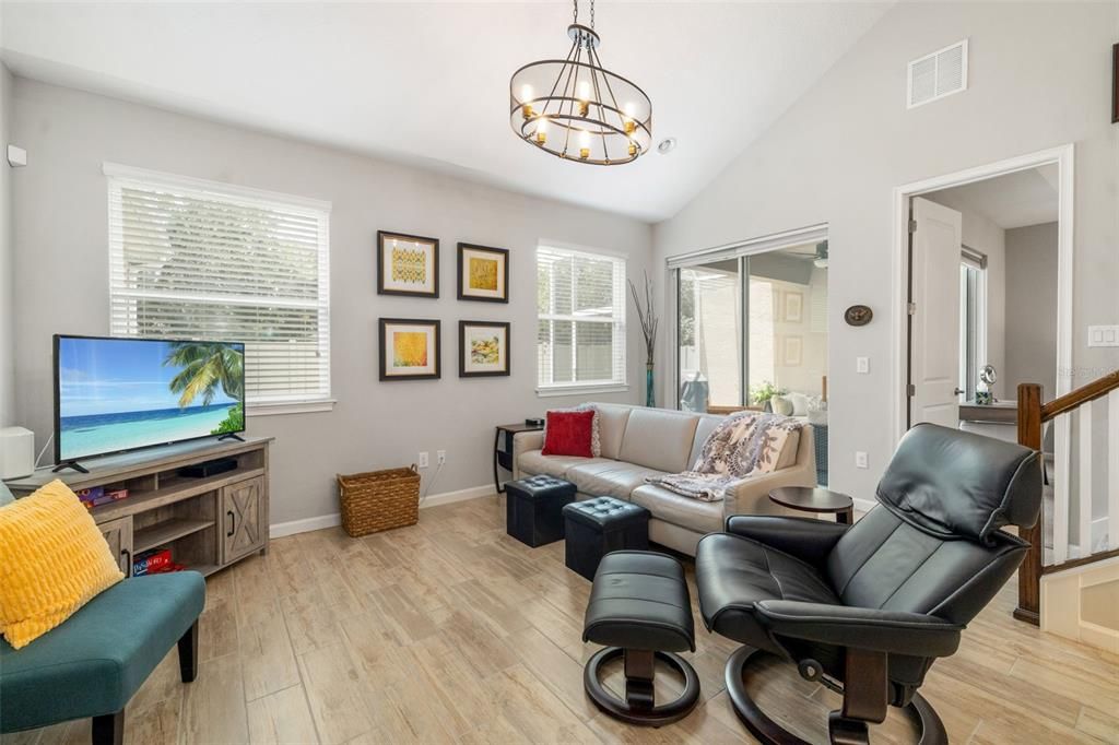Chandelier, Interior, Living room, Wood Texture Flooring