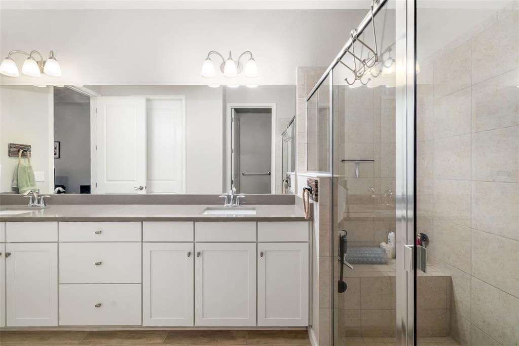 Bathroom, Dual Sink Vanities, Glass Shower, Interior, Wood Texture Flooring