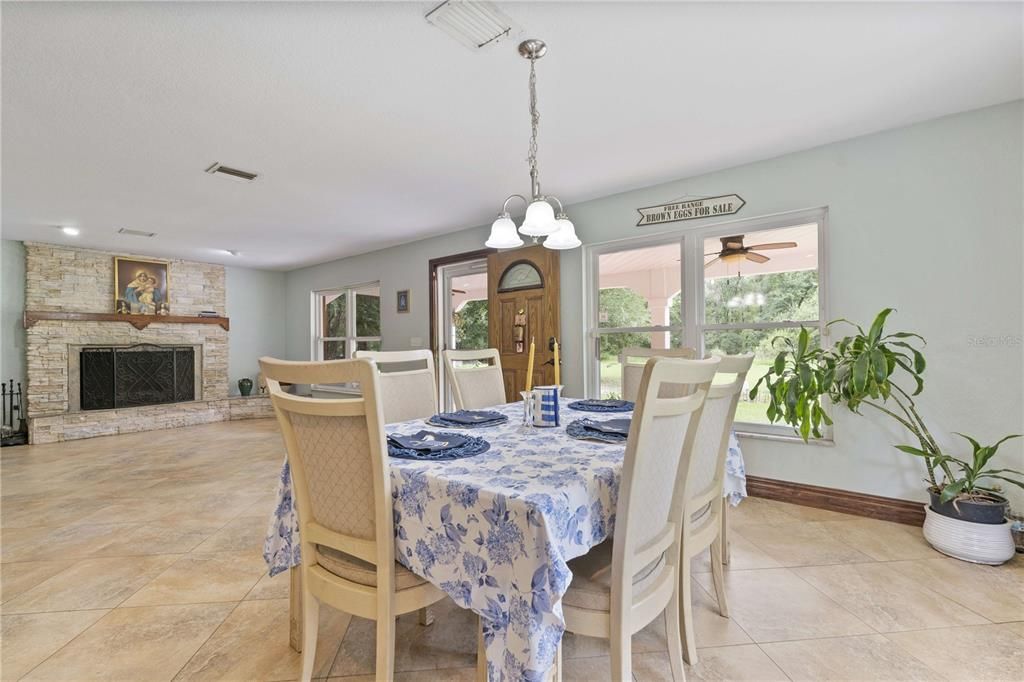 Dining room, Fireplace, Interior, Pendant Lights, Recessed Lighting, Stone Walls