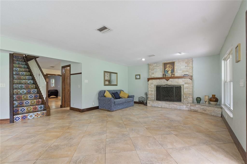 Fireplace, Interior, Recessed Lighting, Stone Walls