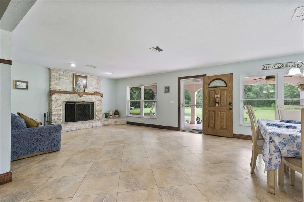 Fireplace, Interior, Recessed Lighting, Stone Walls