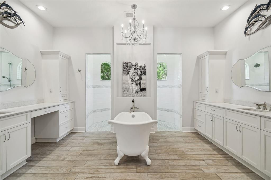 Bathroom, Chandelier, Dual Sink Vanities, Free Standing Baths, Interior, Recessed Lighting, Wood Texture Flooring