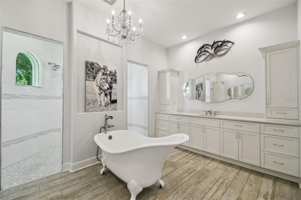 Bathroom, Chandelier, Dual Sink Vanities, Free Standing Baths, Interior, Recessed Lighting, Wood Texture Flooring