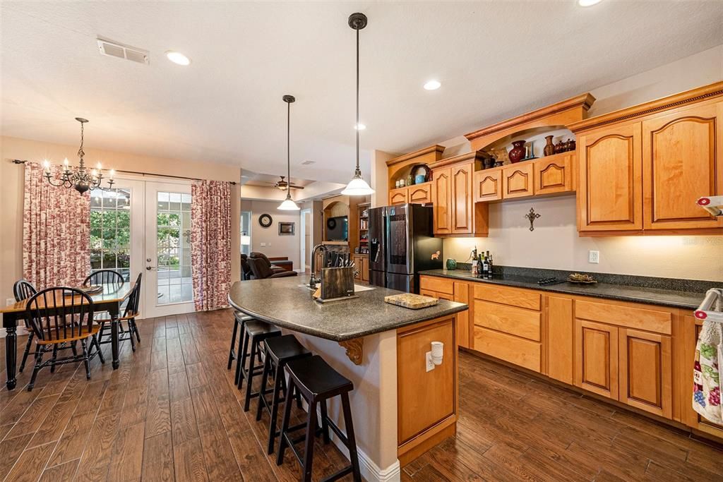 Chandelier, Dining room, Interior, Kitchen, Pendant Lights, Recessed Lighting, Wood Texture Flooring