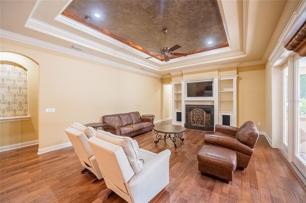 Fireplace, Interior, Living room, Recessed Lighting, Wood Texture Flooring