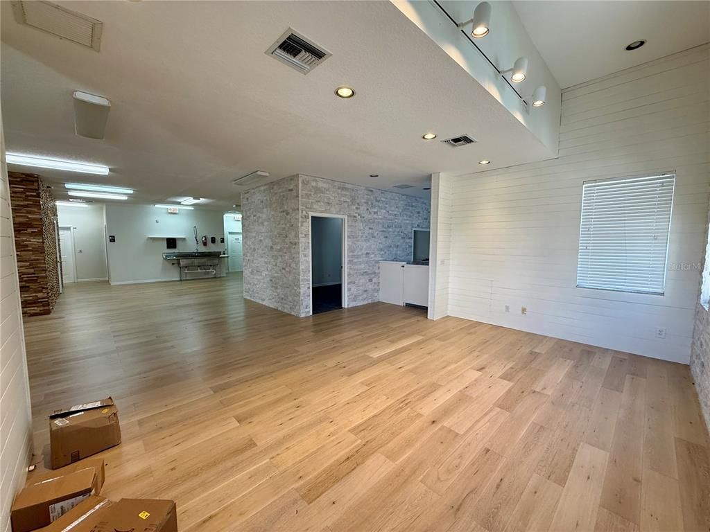 Empty room, Interior, Recessed Lighting, Stone Walls, Wood Texture Flooring