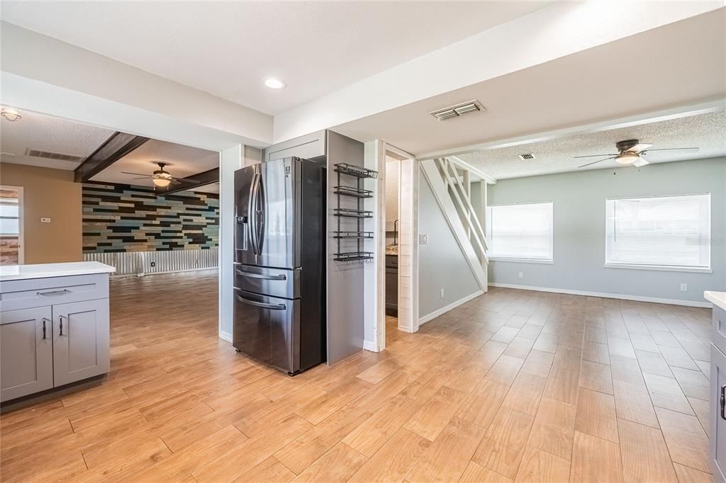 Empty room, Interior, Kitchen, Recessed Lighting, Wood Texture Flooring