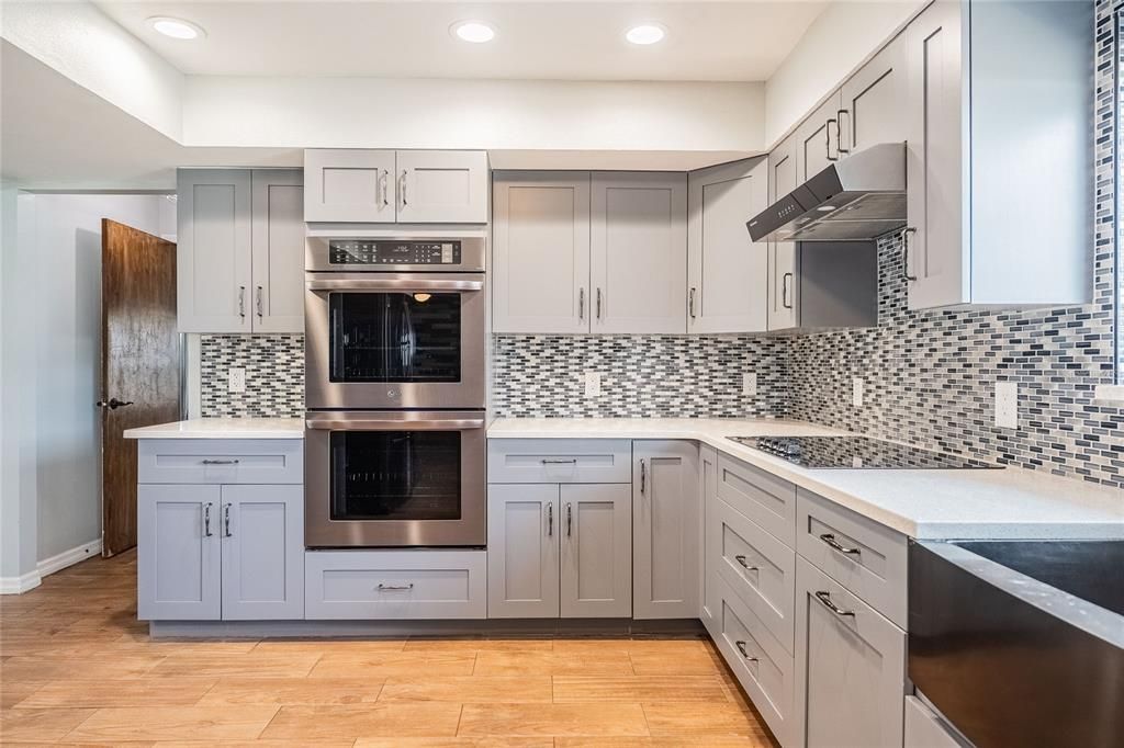 Interior, Kitchen, Recessed Lighting, Stainless Steel Appliances, Wood Texture Flooring