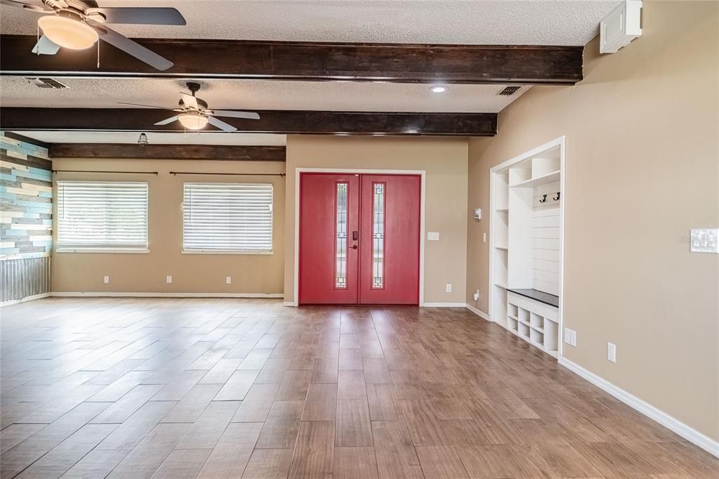 Empty room, Interior, Recessed Lighting, Wooden Beams, Wood Texture Flooring
