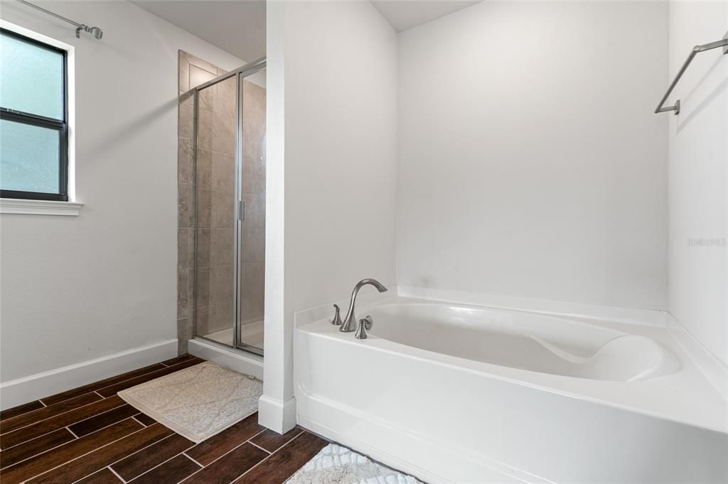 Bathroom, Glass Shower, Interior, Wood Texture Flooring