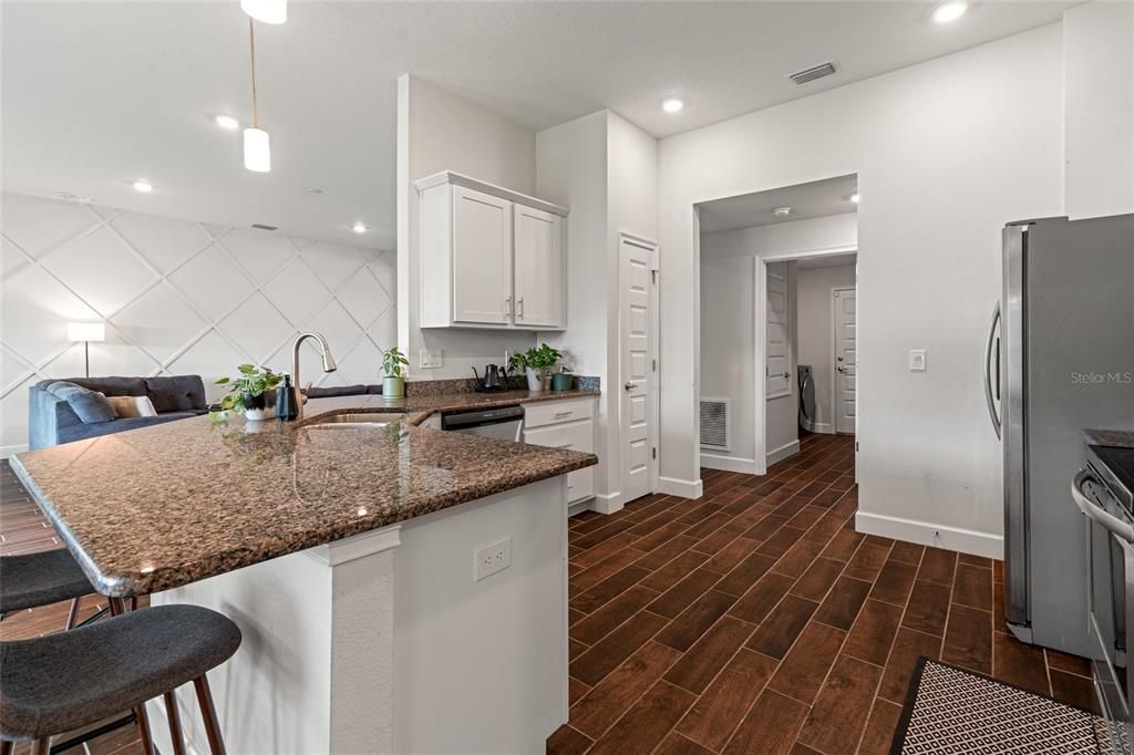 Interior, Kitchen, Pendant Lights, Recessed Lighting, Wood Texture Flooring