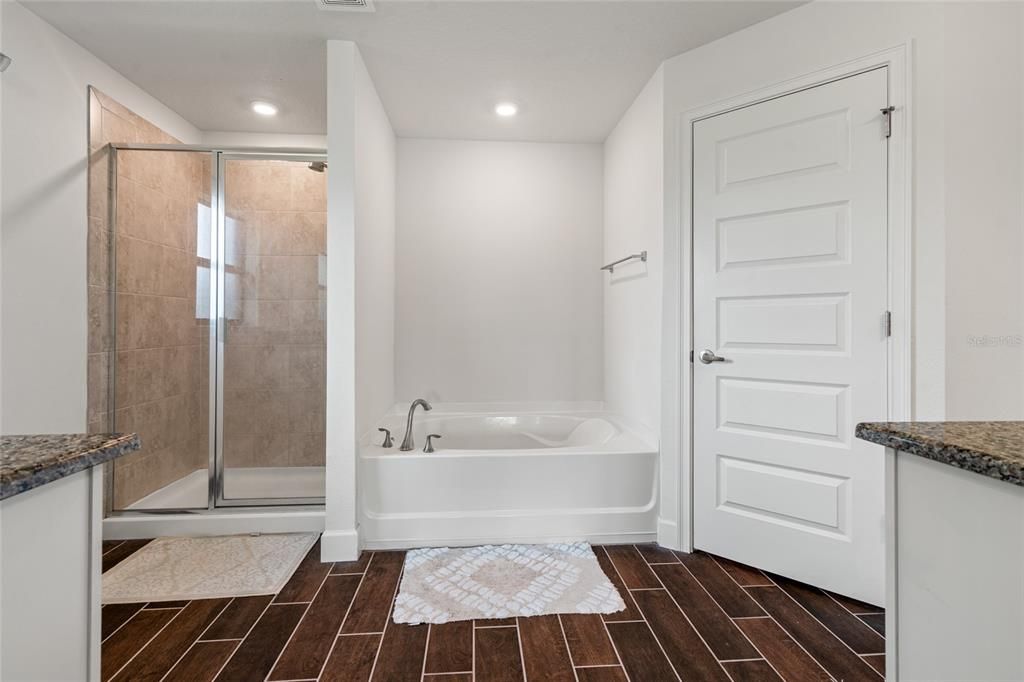 Bathroom, Glass Shower, Interior, Recessed Lighting, Wood Texture Flooring