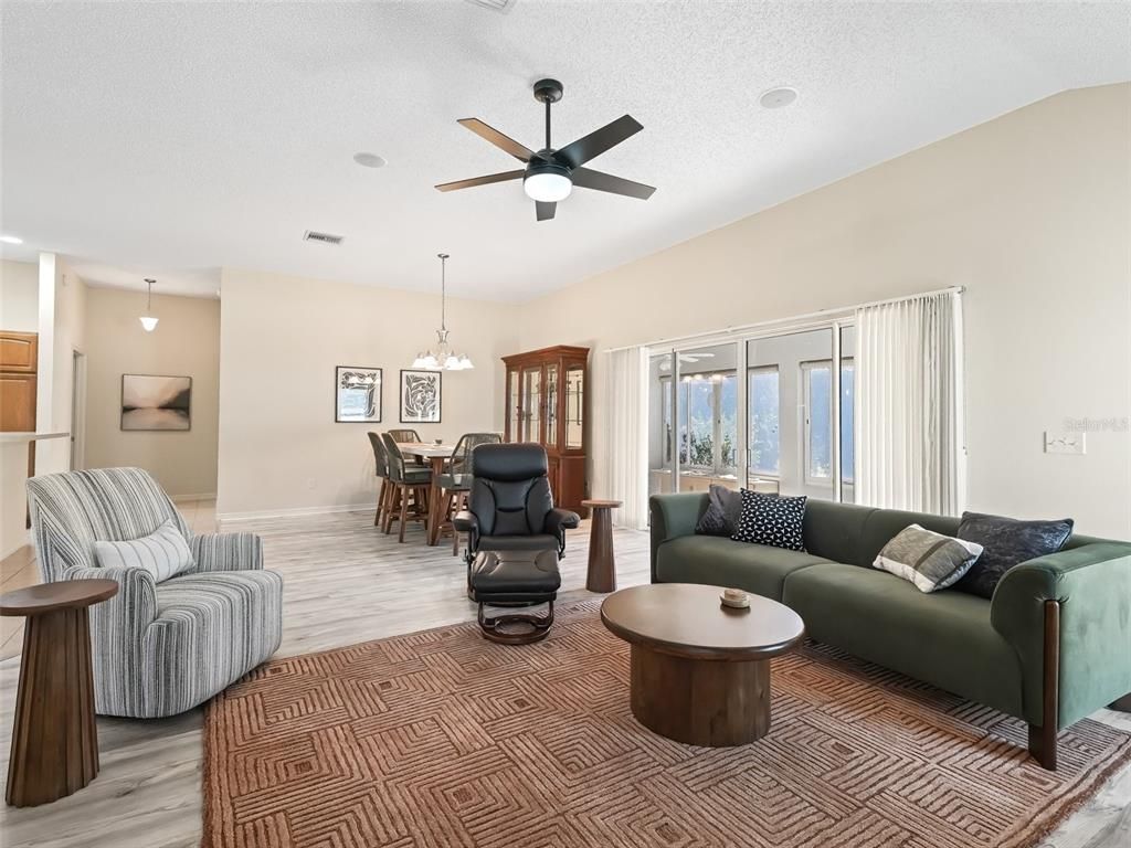 Dining room, Interior, Living room, Pendant Lights, Wood Texture Flooring