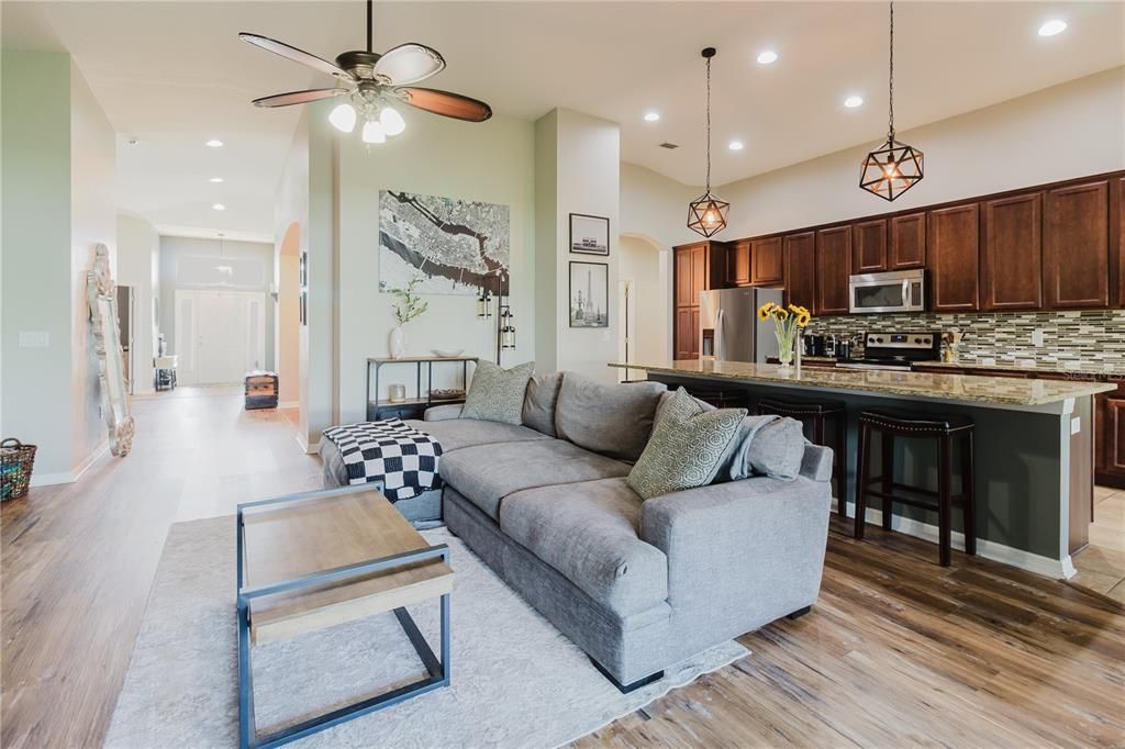 Interior, Kitchen, Living room, Pendant Lights, Recessed Lighting, Stainless Steel Appliances, Wood Texture Flooring