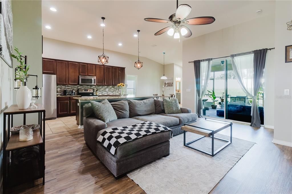 Interior, Kitchen, Living room, Pendant Lights, Recessed Lighting, Stainless Steel Appliances, Wood Texture Flooring