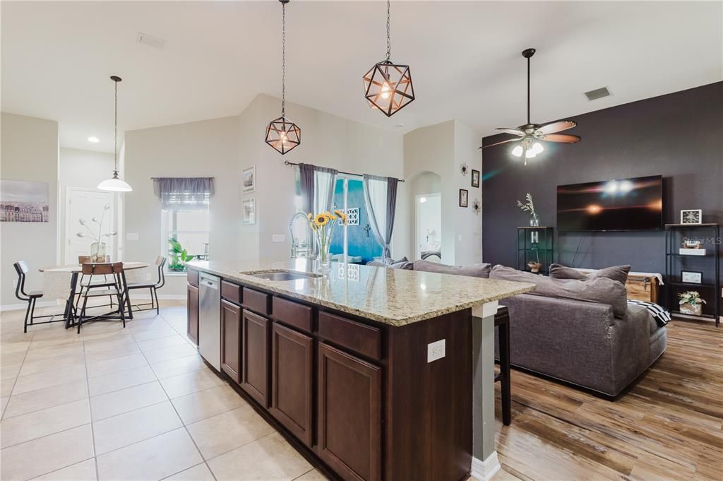 Dining room, Interior, Kitchen, Living room, Pendant Lights, Recessed Lighting, Wood Texture Flooring