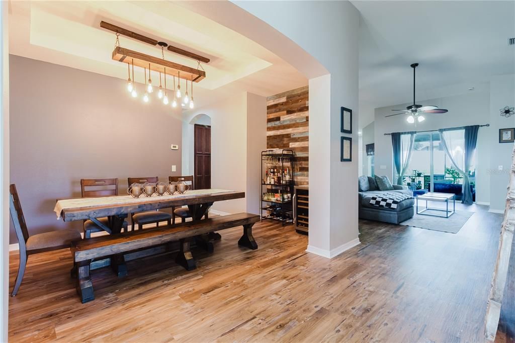 Dining room, Interior, Living room, Pendant Lights, Wood Texture Flooring, Wooden Walls