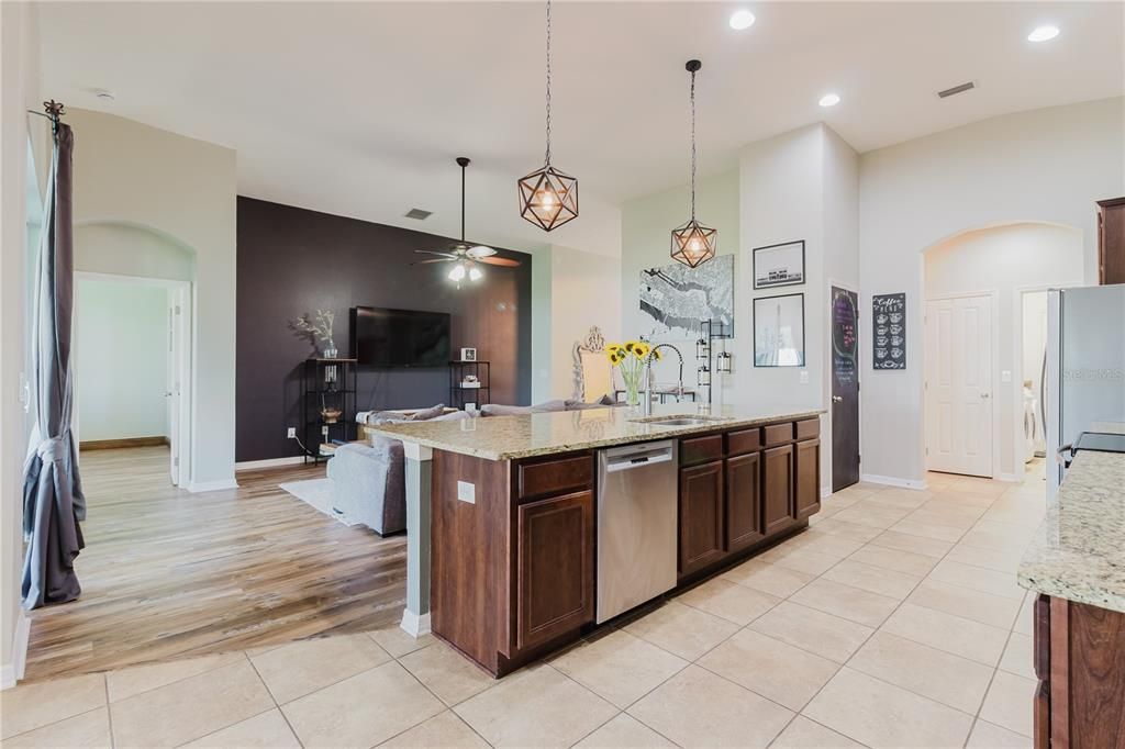 Interior, Kitchen, Pendant Lights, Recessed Lighting, Wood Texture Flooring