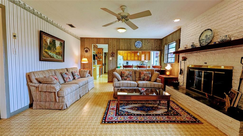 Fireplace, Interior, Kitchen, Living room, Recessed Lighting, Stone Walls