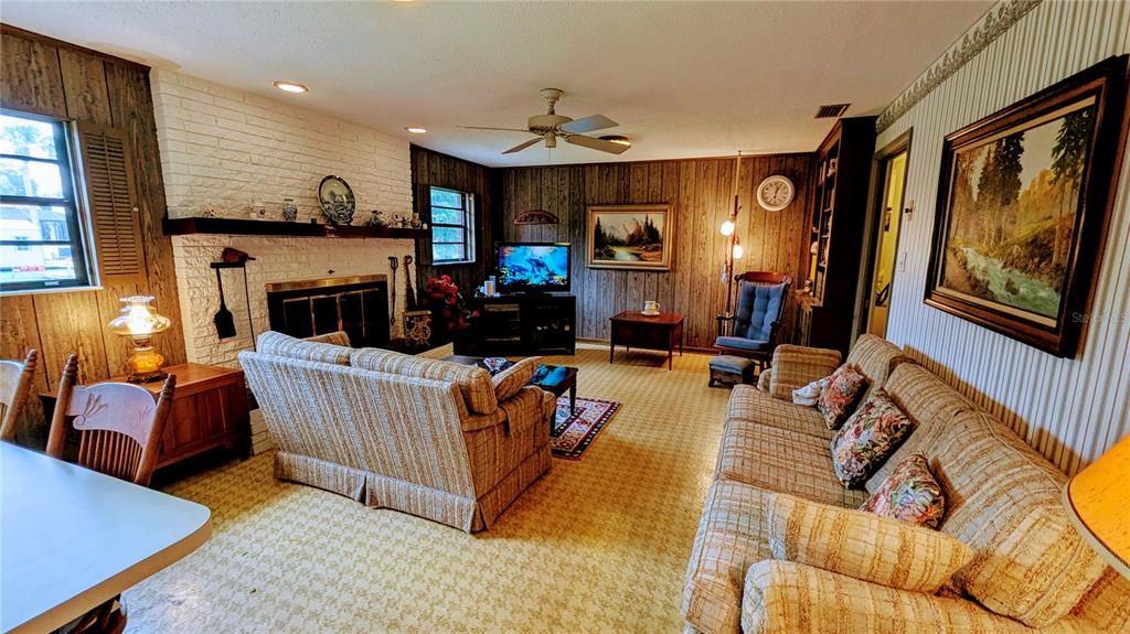 Fireplace, Interior, Living room, Recessed Lighting, Stone Walls, Wooden Walls