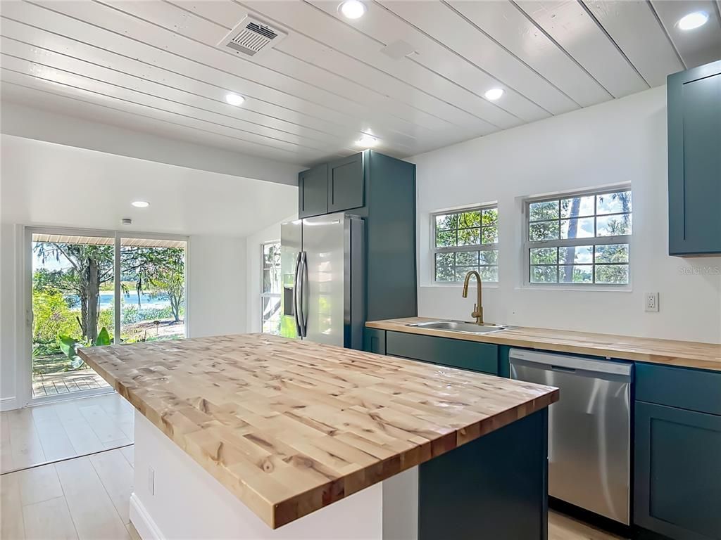 Interior, Kitchen, Recessed Lighting, Stainless Steel Appliances, Wooden Ceilings, Wood Texture Flooring