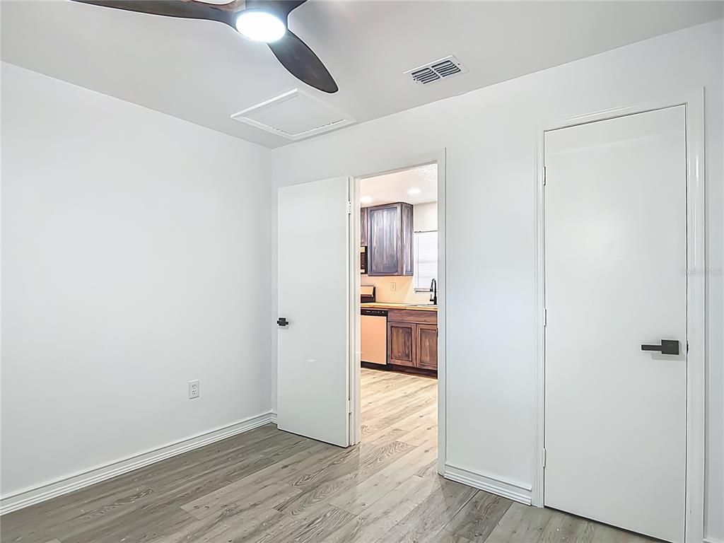 Empty room, Interior, Kitchen, Recessed Lighting, Wood Texture Flooring