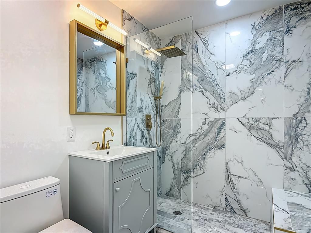 Bathroom, Glass Shower, Interior, Marble Walls, Recessed Lighting
