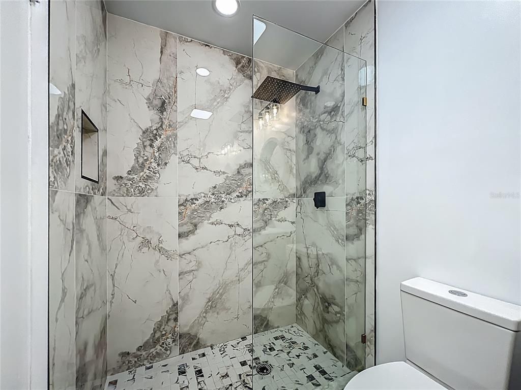 Bathroom, Glass Shower, Interior, Marble Walls, Recessed Lighting