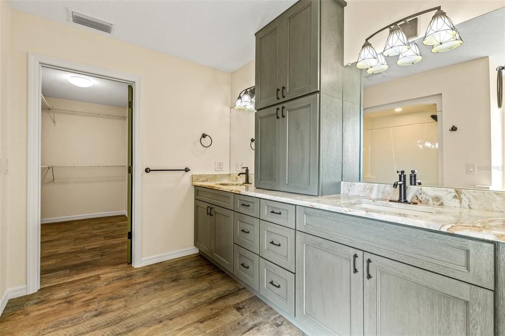 Bathroom, Dual Sink Vanities, Interior, Walk-in Closets, Wood Texture Flooring