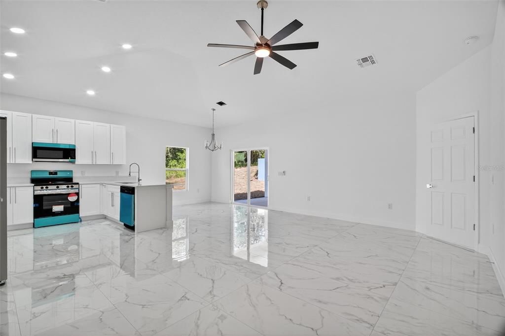 Interior, Kitchen, Marble, Pendant Lights, Recessed Lighting, Stainless Steel Appliances