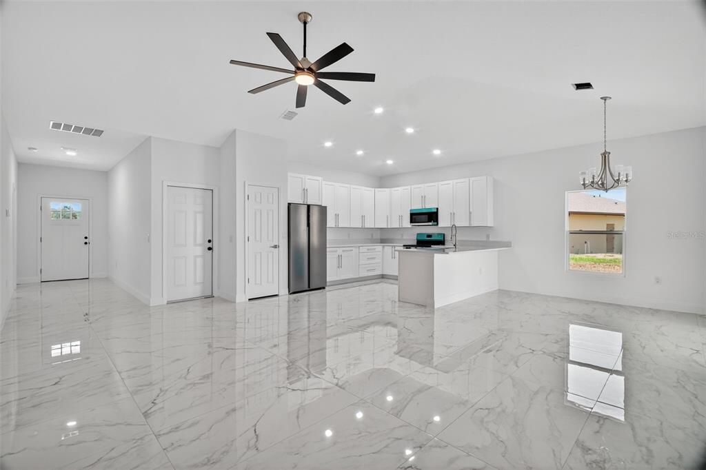 Interior, Kitchen, Marble, Pendant Lights, Recessed Lighting, Stainless Steel Appliances
