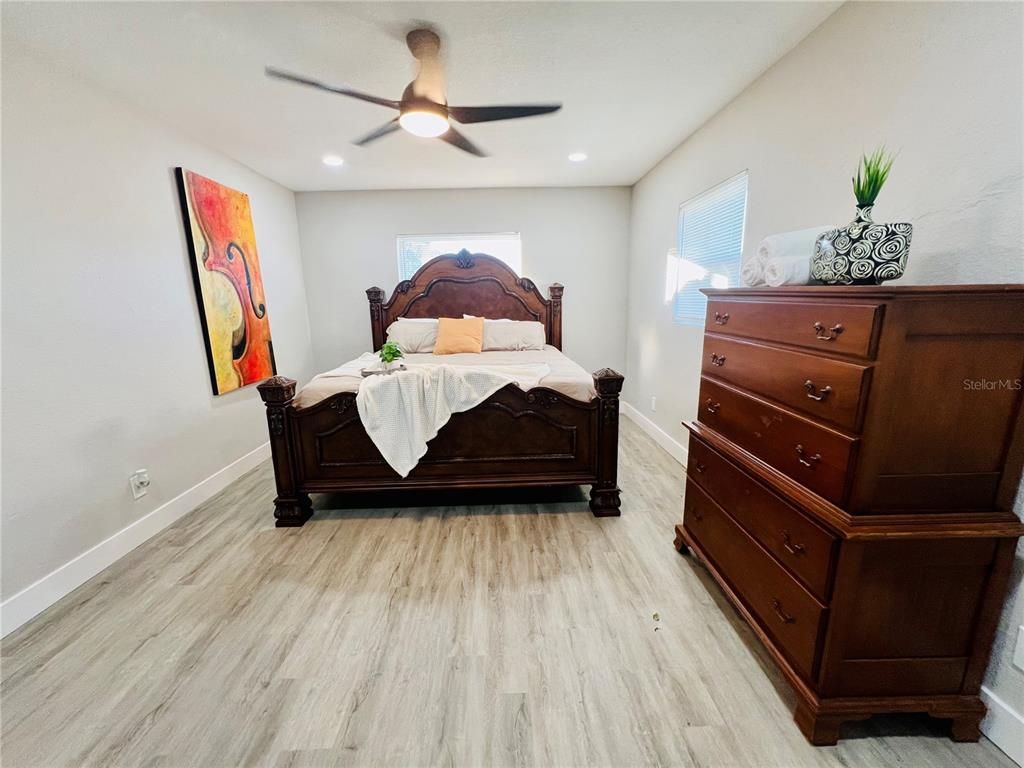 Bedroom, Interior, Recessed Lighting, Wood Texture Flooring