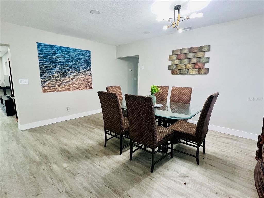 Dining room, Interior, Pendant Lights, Recessed Lighting, Wood Texture Flooring