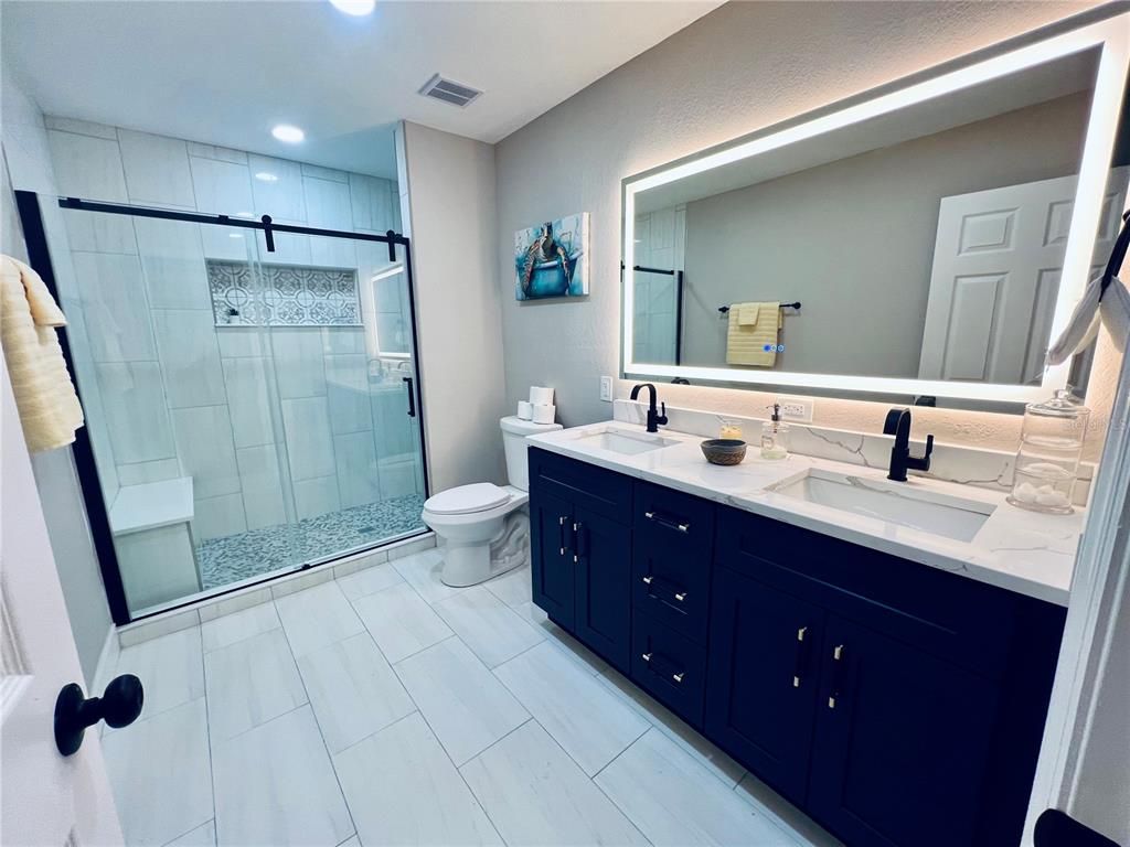 Bathroom, Dual Sink Vanities, Glass Shower, Interior, Recessed Lighting