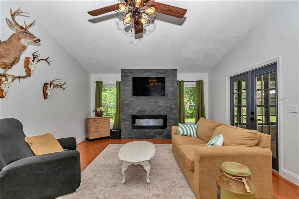 Fireplace, Interior, Living room, Stone Walls, Wood Texture Flooring