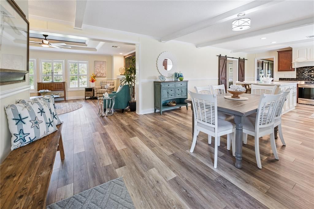 Dining room, Interior, Kitchen, Living room, Recessed Lighting, Wood Texture Flooring