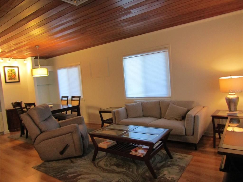 Dining room, Interior, Living room, Pendant Lights, Wooden Ceilings, Wood Texture Flooring