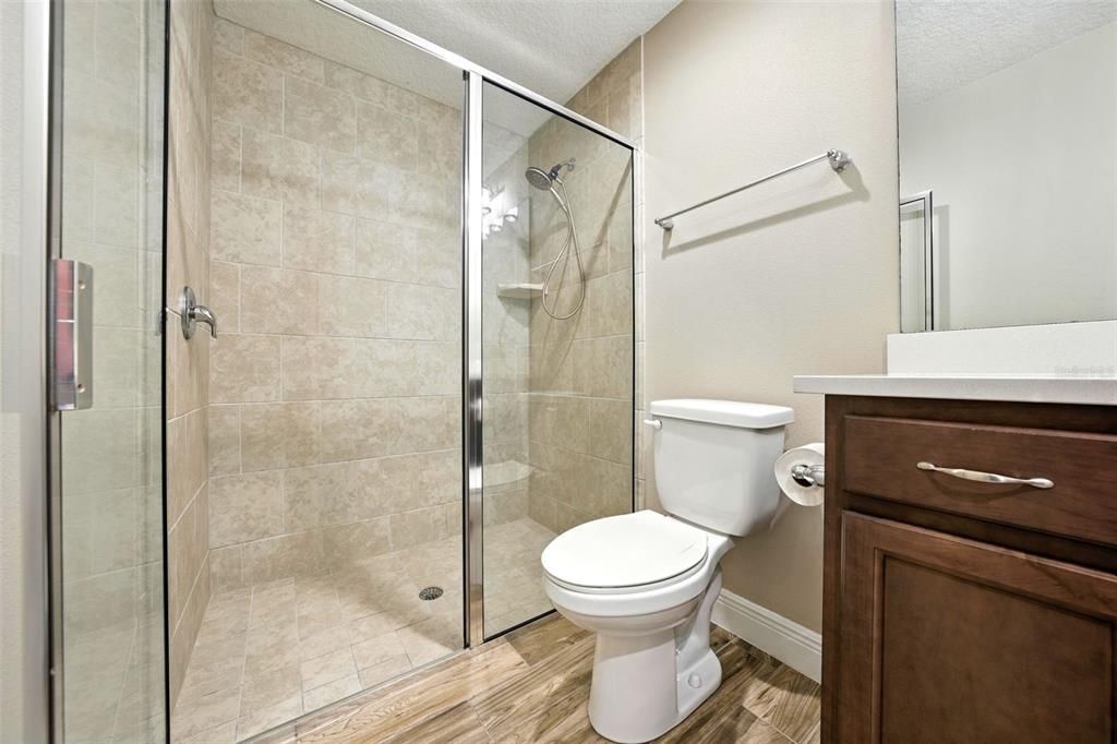 Bathroom, Glass Shower, Interior, Wood Texture Flooring