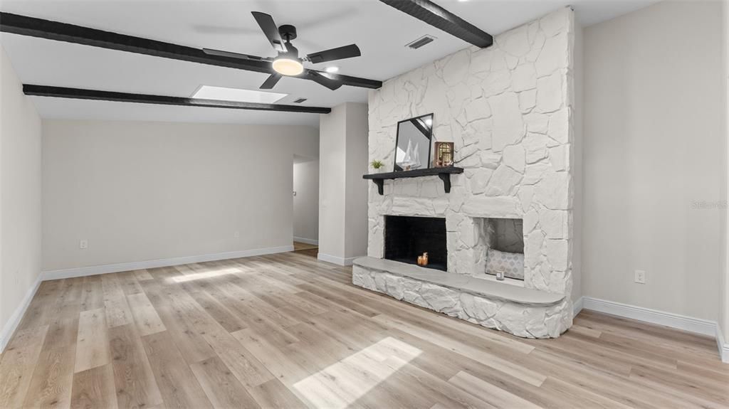 Fireplace, Interior, Recessed Lighting, Stone Walls, Wooden Beams, Wood Texture Flooring