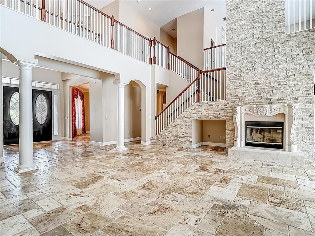 Fireplace, Interior, Recessed Lighting, Stone Walls