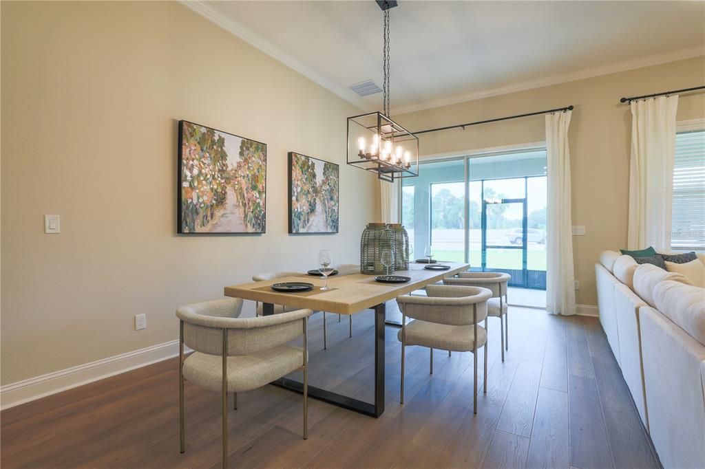 Chandelier, Dining room, Interior, Pendant Lights, Wood Texture Flooring