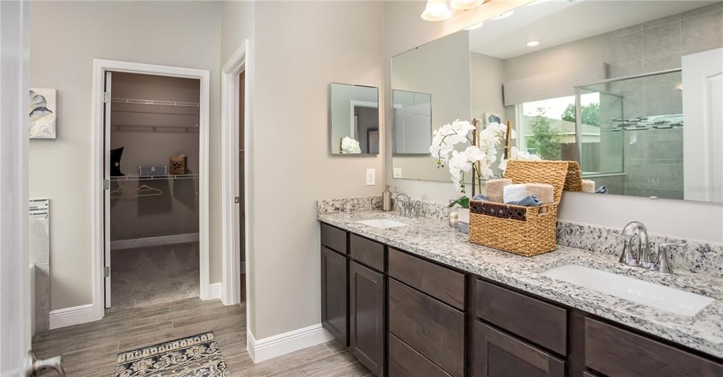 Bathroom, Dual Sink Vanities, Glass Shower, Interior, Recessed Lighting, Wood Texture Flooring