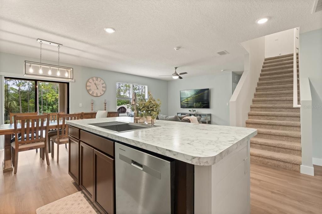Dining room, Interior, Kitchen, Living room, Pendant Lights, Recessed Lighting, Wood Texture Flooring