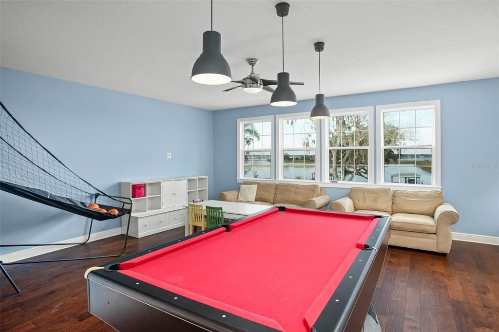 Billiard Table, Game Room, Interior, Pendant Lights, Wood Texture Flooring