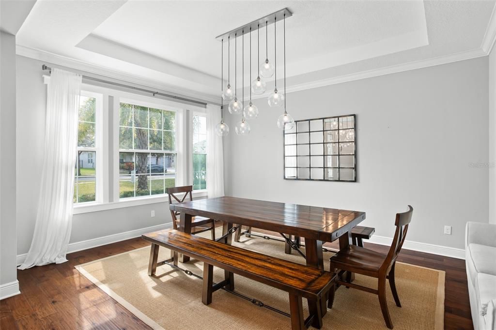 Dining room, Interior, Pendant Lights, Wood Texture Flooring