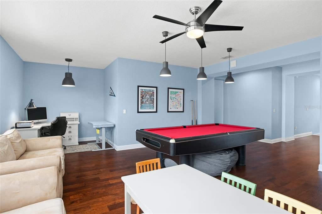 Billiard Table, Game Room, Home Office, Interior, Pendant Lights, Wood Texture Flooring
